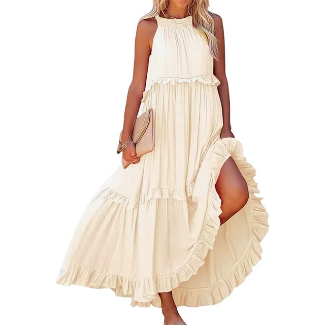 chinese dress ladies Beige Glitter Sweetheart Neck Ruffle Off Shoulder Maxi Dress  PinkBlush
